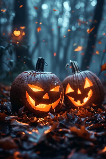 Halloween night pumpkin in nature with burning eyes dark atmosphere