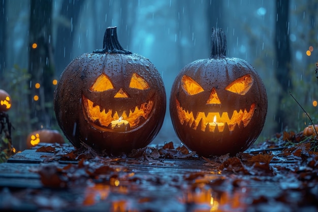 Halloween night pumpkin in nature with burning eyes dark atmosphere