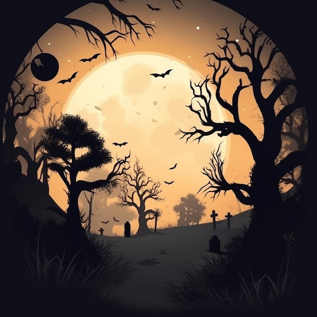 A halloween night scene with a cemetery and bats