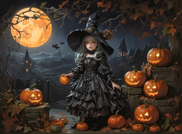 Сцена ночи Хэллоуина с милыми летучими мышами-ведьмами, тыквами и домами под лунным светом