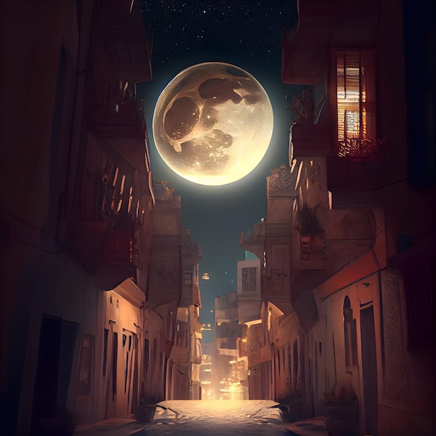 Halloween night scene with full moon in old town 3D rendering