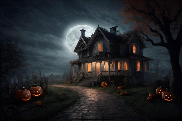 Хэллоуинская ночная сцена с домом с привидениями