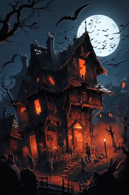 A halloween night scene with a house and bats in the background