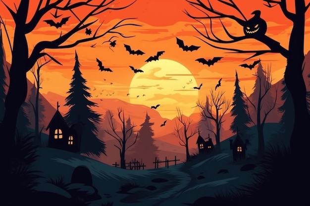 A halloween night scene with a house and bats on the hill.