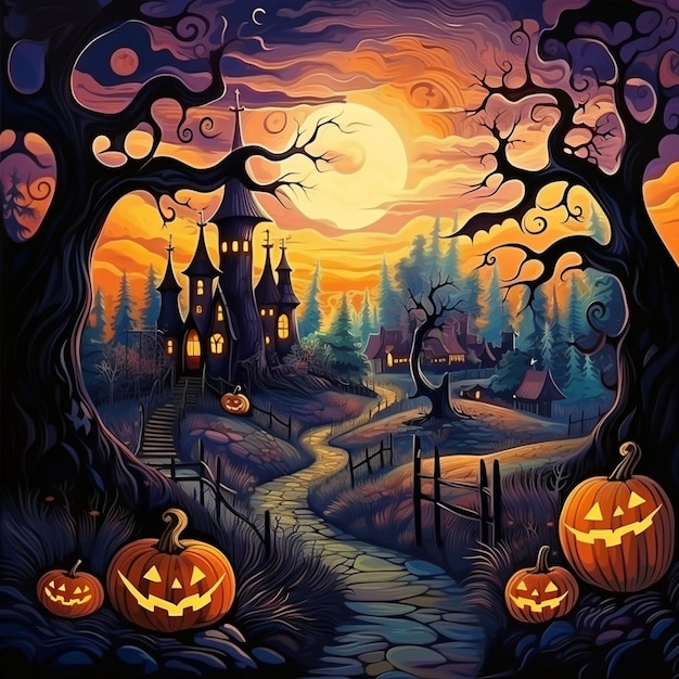 halloween night scene with pumpkins and a castle generative ai