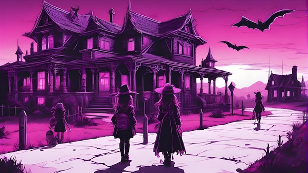 Photo halloween night scene with witchs house and people illustration