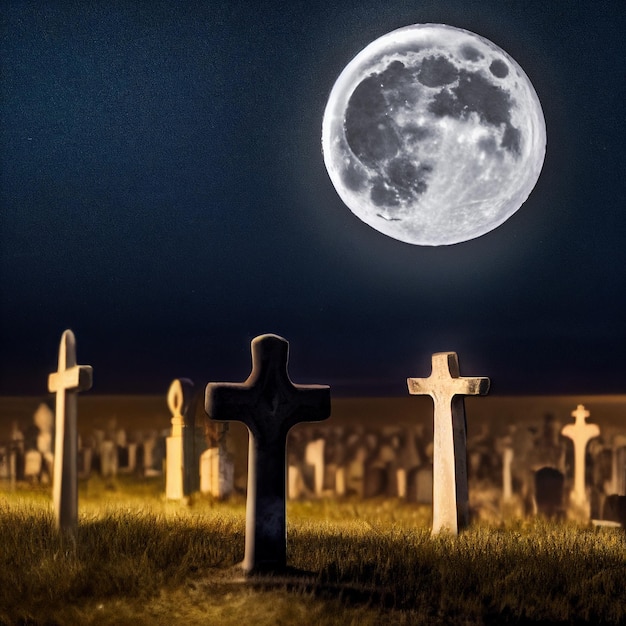 Halloween night spooky background with moon and crosses