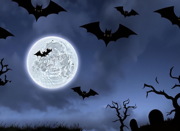 Halloween Night Spooky Moon In Cloudy Sky With Bats