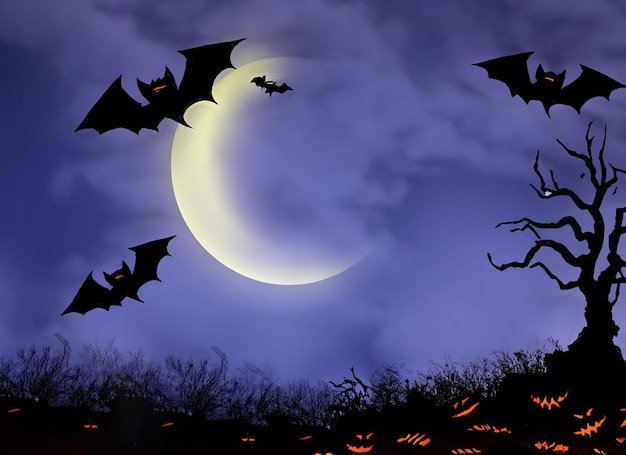 Halloween Night Spooky Moon In Cloudy Sky With Bats