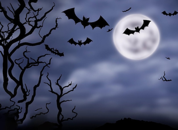 Halloween Night Spooky Moon In Cloudy Sky With Bats