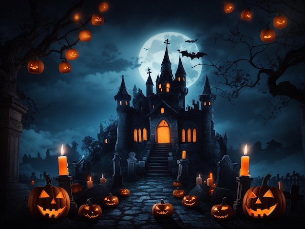 Halloween night spooky pumpkins candles and graveyard castle