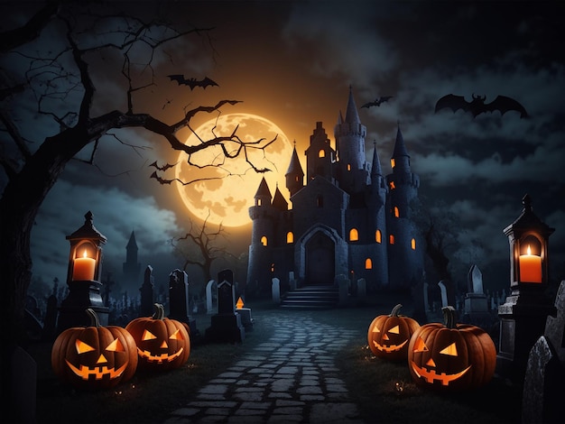 Halloween night spooky pumpkins candles and graveyard castle