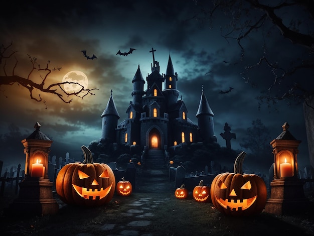 Halloween night spooky pumpkins candles and graveyard castle