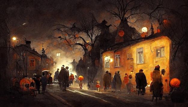 Halloween night trick or treat street spooky atmosphere fall illustration