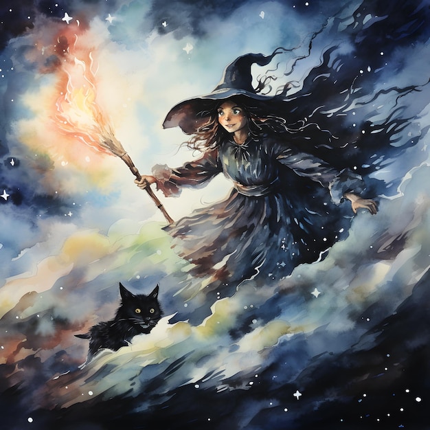 Halloween night witch flying on a broomstick