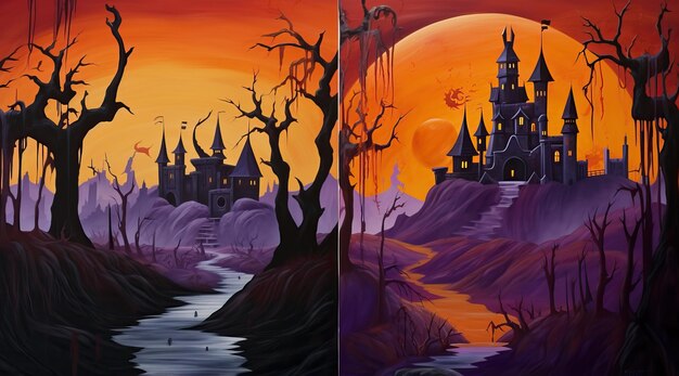 Halloween night with castle on the background in the style of dark orange and dark magenta