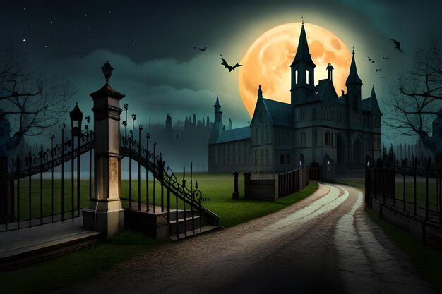 Ночь Хэллоуина с замком и летучими мышами