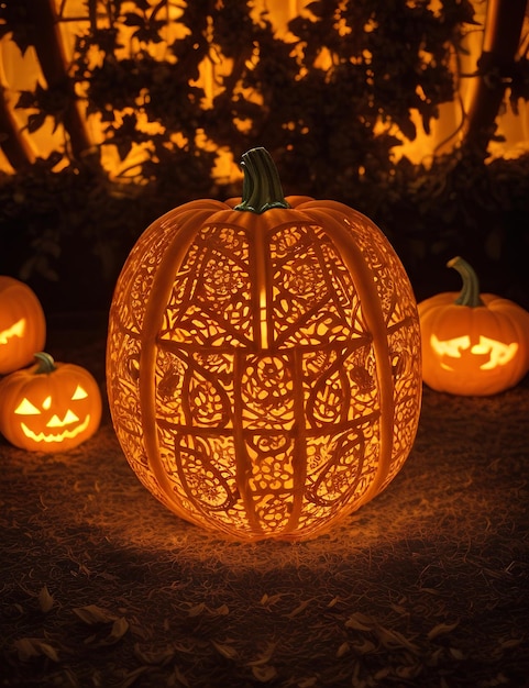 Foto notte di halloween con zucche luminose disegni intricati creati con ia generativa