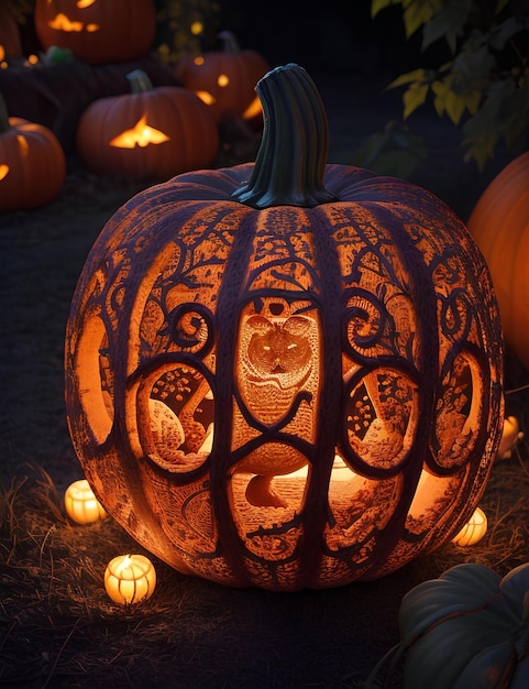 Foto notte di halloween con zucche luminose disegni intricati creati con ia generativa