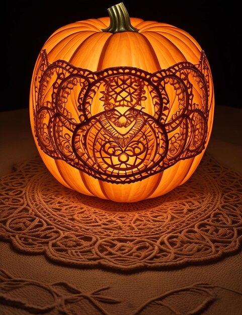 Foto notte di halloween con zucche luminose disegni intricati creati con ia generativa