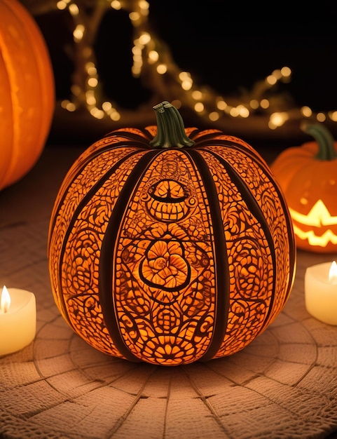 Foto notte di halloween con zucche luminose disegni intricati creati con ia generativa