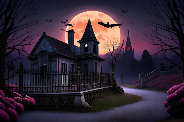 A halloween night with a house and bats