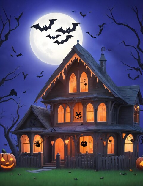 Halloween Night With a Spooky House and Bats Halloween background Halloween Wallpaper