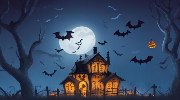 Halloween Night With a Spooky House and Bats Halloween background Halloween Wallpaper