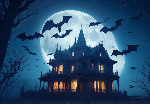 Halloween night with a spooky house and bats halloween background