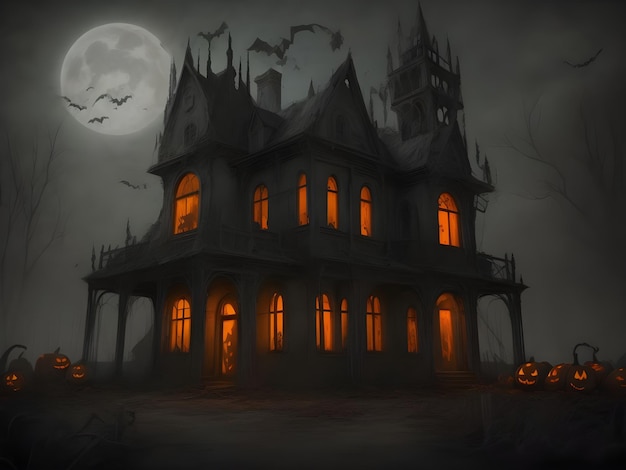 Halloween night with spooky house bats and pumpkin background image