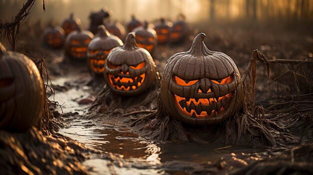 写真 ハロウィーンの悪夢の野原の南瓜