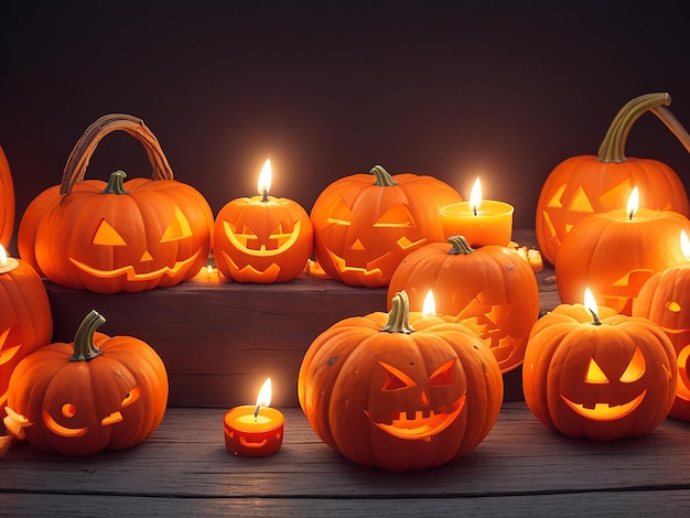 Halloween Numerous small pumpkins with candles at night generated by AI
