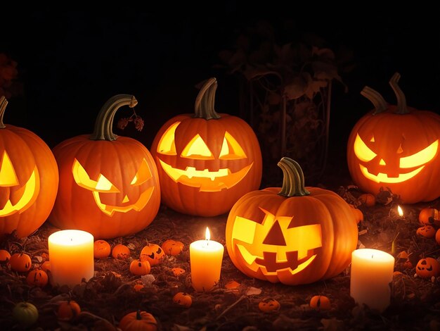 Halloween Numerous small pumpkins with candles at night generated by AI