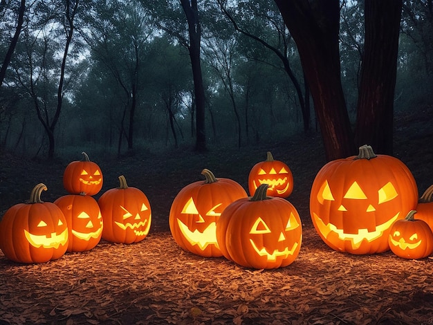 Halloween Numerous small pumpkins with candles at night generated by AI