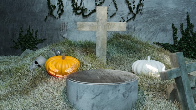 Halloween object with podium mockup for product presentation and your design in Halloween festival