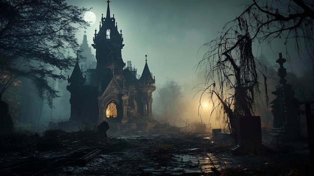 Halloween an old abandoned castle at night generative AI