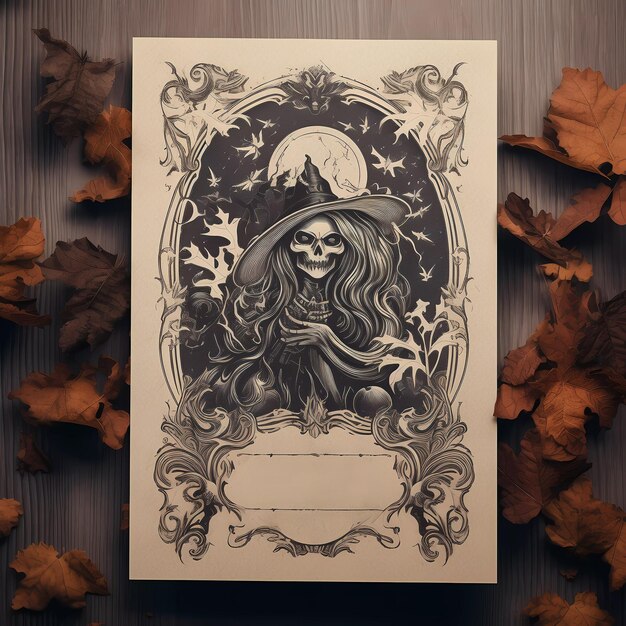 Halloween Old Kraft Paper Mockup Template on dark wooden background with magical mysterious mood pumpkins candles