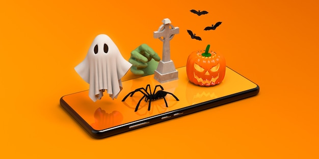 Halloween online banner met smartphone zombie graf spook en pompoen 3D illustratie