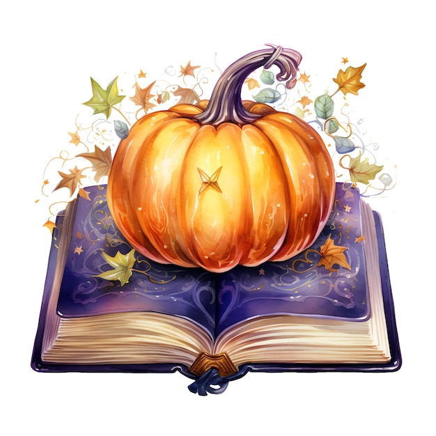 Halloween open book fantasy with pumpkin watercolor illustration halloween clipart