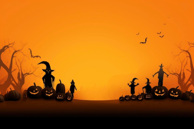 Halloween orange background with essential characters simple design with copy space