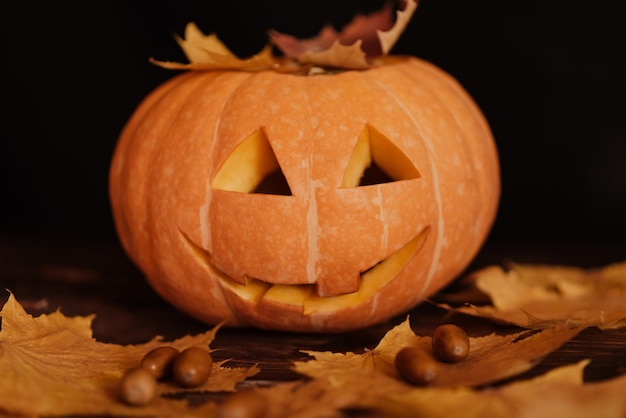 Halloween orange pumpkin with maple leaves and acorns