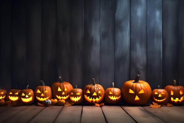 Foto halloween zucche arancioni con sorrisi spaventosi e candela accesa celebrazione del 31 ottobre banner orizzontale magico spettrale con spazio per il testo poster di sfondo volante ai generativa