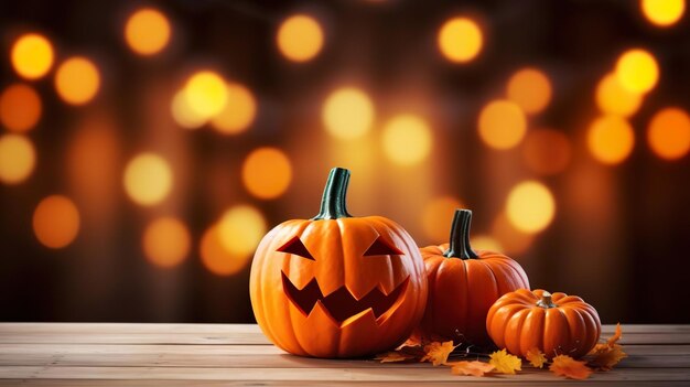 Halloween orange pumpkins on a wooden table on a bok