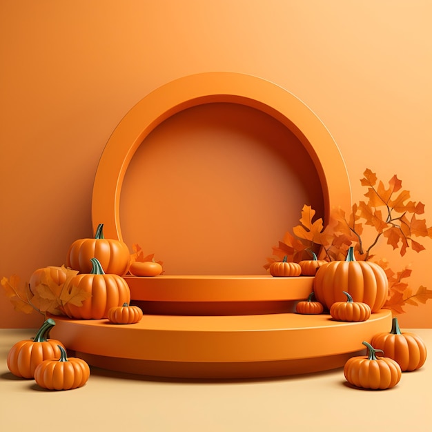Halloween oranje achtergrond 3d voetstuk met pompoenen en herfstbladeren illustratie AI-generatie