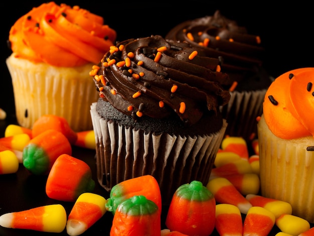 Halloween oranje en zwarte cupcakes met candy corn snoepjes op zwarte achtergrond.