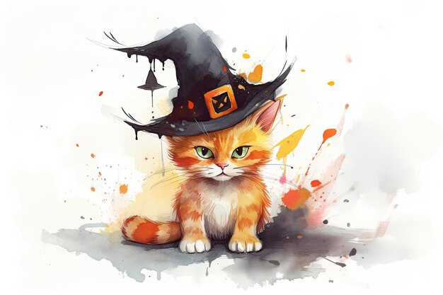 Halloween paint splatter illustration of ginger kitten wearing black witch hat on bright background