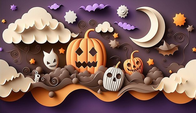 Halloween paper cut style origami background photo illustration