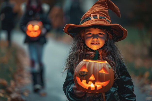 Halloween party amidst the light Young people frighten the audience Everyone dresses up in scary