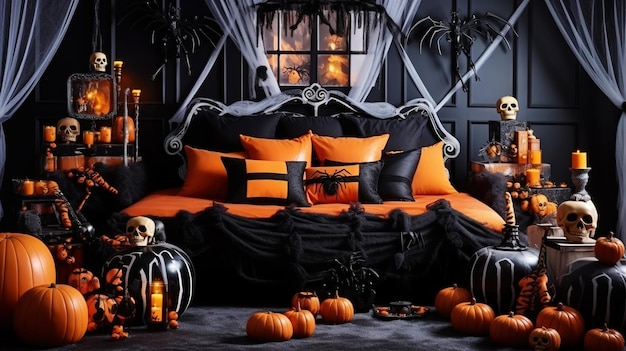 Photo halloween party in apartment decorated with pumpkins spiders skeletons generative ai