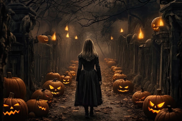 Хэллоуинская вечеринка фоновые украшения с тыквенной свечой в Spooky Night день призраков Generative Ai